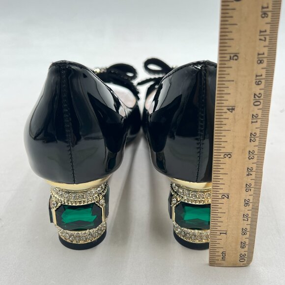 FSJ Black Pointed Toe Crystal Pump Rhinestone Bow Block Low Heel Slip On Shoes - Picture 5 of 8